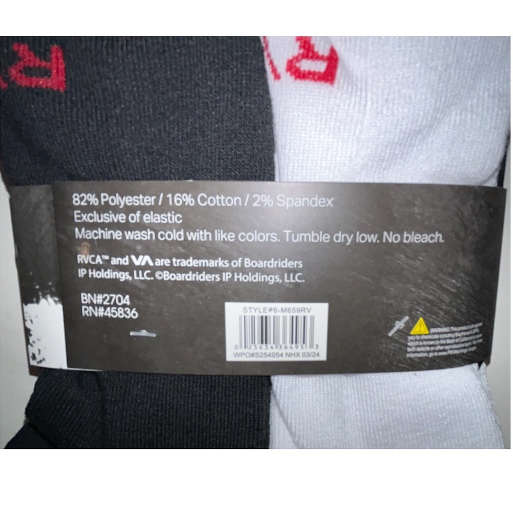RVCA Low Cut Socks 6 Pair Men's 8-12.5 Black White w Red Toe Logo Cushion Skate - Picture 4 of 11